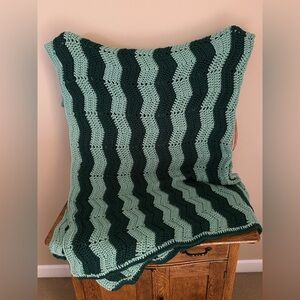 Handmade Vintage Chevron Crochet 64” x 112” Throw Blanket - Dark Green and Sage